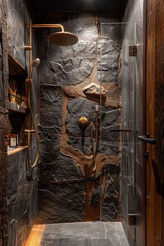 a walk in shower sitting inside of a bathroom next to a wooden shelf filled with items