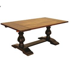 a wooden table sitting on top of a metal base