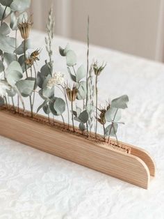 some plants are growing out of a wooden planter on a white tableclothed surface