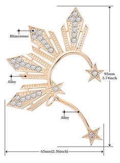 Crystal Rays Radiate From Your Right Ear and Wrap Around with Crystal Stars at Anchor Points 1 Piece Right Ear Cuff Color: Gold Tone /Silver Tone Materials: Copper-Alloy / Rhinestones Manufacturing Technology: Electroplate-Handmade Weight: .74 Oz. (approx.) Size: 3.74" X 2.56" (approx.) Comfortable Full Ear Piercings, Ms Universe, Catriona Gray, Leaf Ear Cuffs, Tassel Earing, Boho Cuff, Long Tassel Earrings, Gold Ear Cuff, Three Star