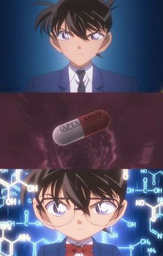 two anime characters in suits and ties, one is holding a pill