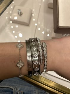 Vancleefarpels Bracelet Silver, Silver Cartier Bracelets As Gifts, Silver Cartier Bracelet Aesthetic, Van Cleef Bracelet Silver, Van Cleef Bracelet Stack Silver, Van Cleef Perlee Bracelet Stack, Dream Jewelry Silver, Silver Van Cleef Bracelet, Silver Accessories Aesthetic