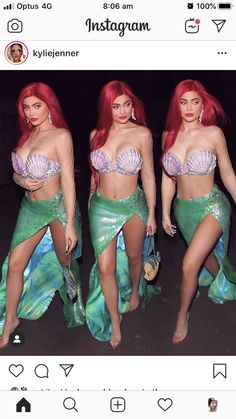 three women dressed in mermaid costumes posing for the camera with their hands on their hipss