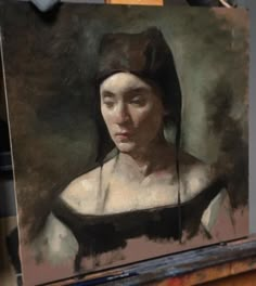 an oil painting of a woman wearing a black dress with a hat on her head