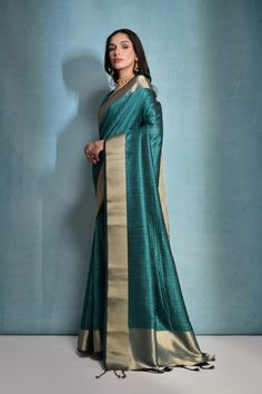 Fabric : Raw Silk Color : Teal Blue Length : 5.5 Meter Saree + 0.80 Meter Blouse Saree Work : Zari Woven Line All Over Border : Zari Woven Border Wash : Dry Clean Only Product color may little differ as per the brightness or color settings of your device. Elegant Blue Handloom Pre-draped Saree, Green Formal Saree With Pallu, Blue Slub Silk Pre-draped Saree With Self Design, Elegant Blue Slub Silk Saree, Formal Green Saree With Self Design, Saree Color Combinations, Saree Work, Raw Silk Saree, Blouse Saree