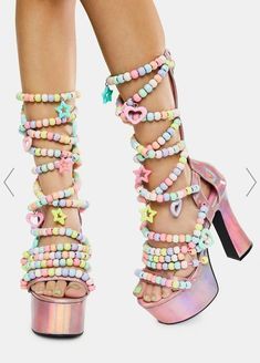 Holographic Accessories, Funky Heels, Pastel Kidcore, Gogo Girl, Dr Shoes, Kawaii Shoes, Funky Shoes, Custom Ideas, Wrap Heels