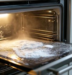 an open oven with powdered food cooking in the door and light coming from it