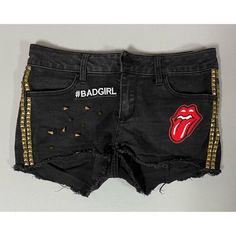 Black Gold Studded Spiked Stretch Denim ‘Rolling Stones’ ‘Supreme’ Brand ‘Noodles’ Punk Patches Jean Shorts Bottoms Size 7 Waist: 14 In. #Denim #Shorts #Punk #Jean #Rollingstones Supreme Brand, Punk Patches, Studded Jeans, Patched Jeans, Black Stretch, Rolling Stones, Jeans Shorts, Stretch Denim, Noodles