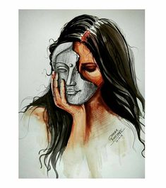 a drawing of a woman's face with her hand to her face and the other half of her face covered by a mask