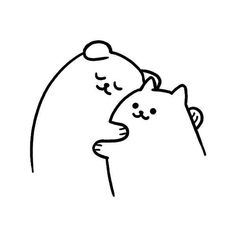 a black and white drawing of a bear hugging a cat with its head on another bear's back