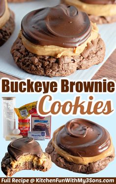 some cookies with chocolate frosting and peanut butter on top are shown in this collage