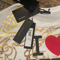 I Ny Versace Luxury White Tops With Graphic Print, Luxury White Tops With Letter Print, Luxury White Top With Letter Print, Designer White Tops With Logo Print, Designer White Tops With Graphic Print, Designer White Tops With Letter Print, Versace Shirts, Versace T Shirt, I ❤ Ny