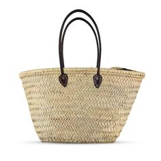 a straw bag with leather handles on the front and side, sitting against a white background