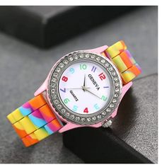 Watch Band Was Made Of 100% Silicon, Feels Like Skin But With Beautiful Rainbow Color. Precise Quartz Movement For Accurate Time Keeping, High Hardness Mineral Glass Protects The Watch Dial From Cracking, Metal Back Cover In A Good Size Makes It Durable, High Quality Materials Make Up High Quality Watch. Item No. Lh646 Best Watches Women, Watches For Women Classy, Cool Watches For Women, Classy Watches, Female Watches, Colorful Watches, Classy Watch, Cute Watches, Cheap Watches