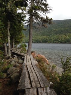 a wooden dock sitting next to a body of water surrounded by trees and rocks on a cloudy day