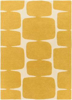 a yellow and white rug with rounded shapes on the bottom, in an abstract pattern