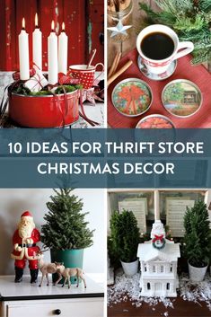 christmas decorations, candles and other items are arranged in four different pictures including a santa's sleigh