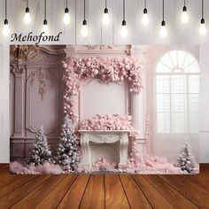 an image of a room decorated for christmas with pink decorations on the wall and fireplace