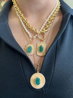 𝓦𝓮𝓵𝓬𝓸𝓶𝓮 𝓽𝓸 𝓛𝓲𝓸𝓷𝓱𝓮𝓪𝓻𝓽 𝓳𝓮𝔀𝓮𝓵𝓻𝔂 𝓢𝓱𝓸𝓹 ♥ Beautiful handmade Emerald & Diamond Pendants, crafted in 14K Gold. The Chain and connectors in the pictures are not included and for display purposes only. *Please check measurements below, items may appear larger on the screen. Emeralds are non treated and have natural imperfections. RECTANGLE EMERALD PENDANT Emerald: 4.95 total carat weight Diamonds: 0.87 total carat weight 20.5mm x 32mm ROUND EMERALD PENDANT Emerald: 5.94 total Handmade Yellow Gold Oval Link Jewelry, Handmade Yellow Gold Jewelry With Oval Link, Handmade Heirloom Round Necklace, Handmade Heirloom Necklace, Heirloom Handmade Round Necklace, Elegant Handmade Oval Link Necklaces, Diamond Pendants, Emerald Pendant, Emerald Diamond