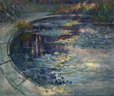 a painting of water lilies in a pond