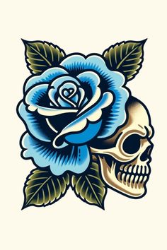 a blue rose and skull tattoo design on a white background