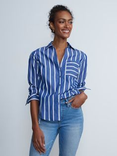 Long Sleeve Striped Button-Front - NY&C Madison Shirt® | New York & Company Casual Fitted Shirt With Shirttail Hem, Striped Top With Spread Collar And Button Closure, Striped Top With Button Closure And Spread Collar, Casual Striped Button-up Tops, Trendy Cotton Tops With Spread Collar, Trendy Cotton Top With Spread Collar, Casual Look, Casual Looks, New York