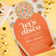 an orange and white party card with a disco ball on the top, surrounded by confetti and streamers