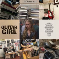 a collage of photos with various types of music and books on display in the background