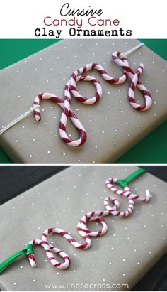 two pictures of wrapped presents with candy canes on them and the word joy spelled out