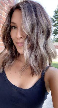 Ash Balayage Hair Brunettes, Blonde Fall Transition Hair, Short Ashy Balayage Hair, Hair That Hides Grey, Medium Brown Hair With Grey Highlights, Root Shadow Ash Blonde, Best Color To Hide Grey Hair, Bayalage Dark Blonde Medium Length, Med Length Hair Color Ideas