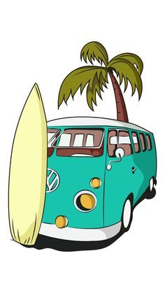 a blue vw bus with a surfboard on the front and palm trees in the back