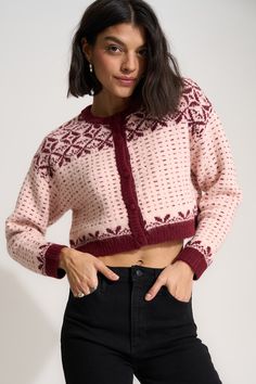 Made of a fuzzy yarn and with a fair isle design, the Maeve Cardigan feels festive but, not like, too festive if you know what we mean. Fair Isle Cardigan, Striped Pyjamas, Color Crush, Engineered Garments, Sweater And Shorts, Fair Isle, Winter Collection, Cardigans For Women, Baby Pink