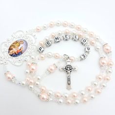 Personalized White Rosary For Mother's Day, White Spiritual Rosary For Mother's Day, Spiritual White Rosary For Mother's Day, Mother's Day White Spiritual Rosary, White Necklace For First Communion And Mother's Day, White Rosary For Mother's Day Gift, Personalized White Cross Rosary Bracelet, Personalized White Rosary, Wedding Rosary