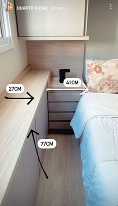 the bed is made and has two drawers on each side, which are labeled with measurements