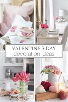 valentine's day decoration ideas with pink flowers in vases, candles and plates