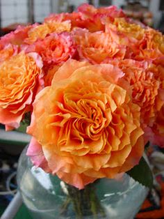 an arrangement of orange and pink flowers in a clear glass vase on a green table