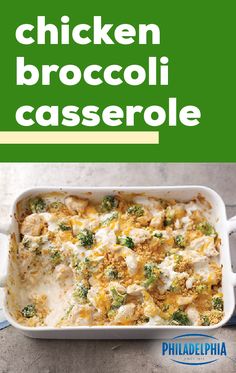 chicken broccoli casserole in a white baking dish with the title above it