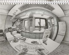 a pencil drawing of a kitchen with lots of counter space and appliances in the center