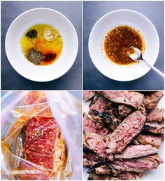 four pictures show different types of food in bowls and on plates, including meat with seasoning