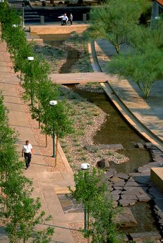 a person walking down a path next to a river and park with benches on the side