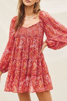 Red paisley print long sleeve babydoll dress with a smocking bust. 100% Polyester Bohemian Prints, Long Sleeve Babydoll Dress, Red Paisley, Body Top, Bohemian Print, Idea Board, Pink Blush Maternity, Print Designs Inspiration, Paisley Dress