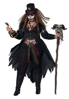 a woman dressed up as a skeleton with long hair and makeup, holding a cane