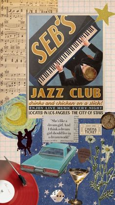 an image of a jazz club poster with music notes and old record players on it