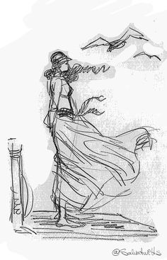 a black and white drawing of a woman standing next to a bird flying in the sky