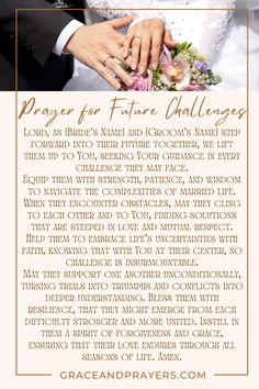 a couple holding hands with the words prayer for future bride and grooms on it