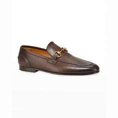 Gucci loafer in soft and supple leather. Blake construction. Horsebit strap. Stitched detail at heel. Leather sole. "Jordaan" is made in Italy. Gucci Jordaan, Loafers Style, Gucci Men, Monogrammed Items, Gucci Shoes, Shoe Store, Leather Loafers, Lifestyle Brands, Neiman Marcus