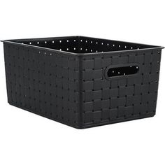 a large black basket with holes on the sides and handles, is shown in front of a white background