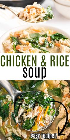 chicken and rice soup with spinach in a white bowl