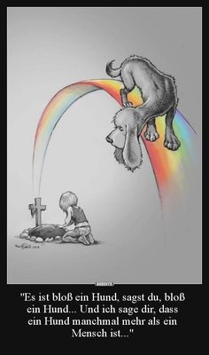 a drawing of a dog jumping over a rainbow with a man kneeling on the ground next to it