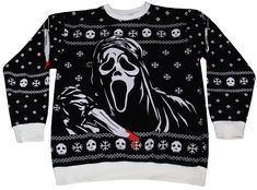 Make sure to spread some holiday fear this year with this officially licensed holidays sweater from Changes! This 55% cotton/45% polyester sweater features ribbed cuffs with an incredible holiday-themed design featuring your absolute favorite horror characters! Standard adult sizing.•OFFICIALLY LICENSED: This holiday sweater is officially licensed from Changes•MATERIAL: This sweater is constructed of 55% cotton and 45% polyester•DESIGN: This incredible design features an all-over holiday theme w Scream Ghostface, Polyester Sweater, Sports Merchandise, Almost 30, Holiday Theme, Dark Heart, Horror Characters, Holiday Sweater, Holiday Themes